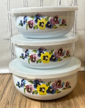 GMI Pansy Floral Enamelware Nesting Mixing Bowls Set of 3 with Lids